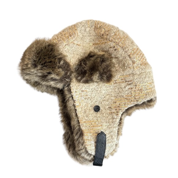 Mudd Other - Mudd Juniors Faux Fur Tan Sequins Trapper Hat Snap Closure Chin Strap